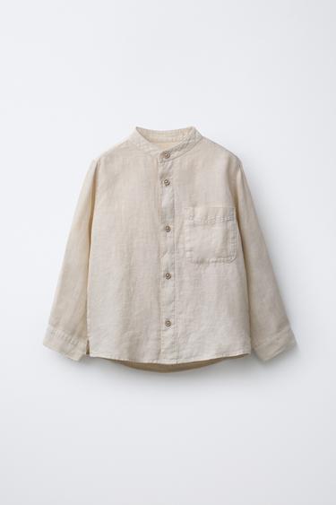 100% LINEN STAND COLLAR SHIRT - camel by Zara - Image 0