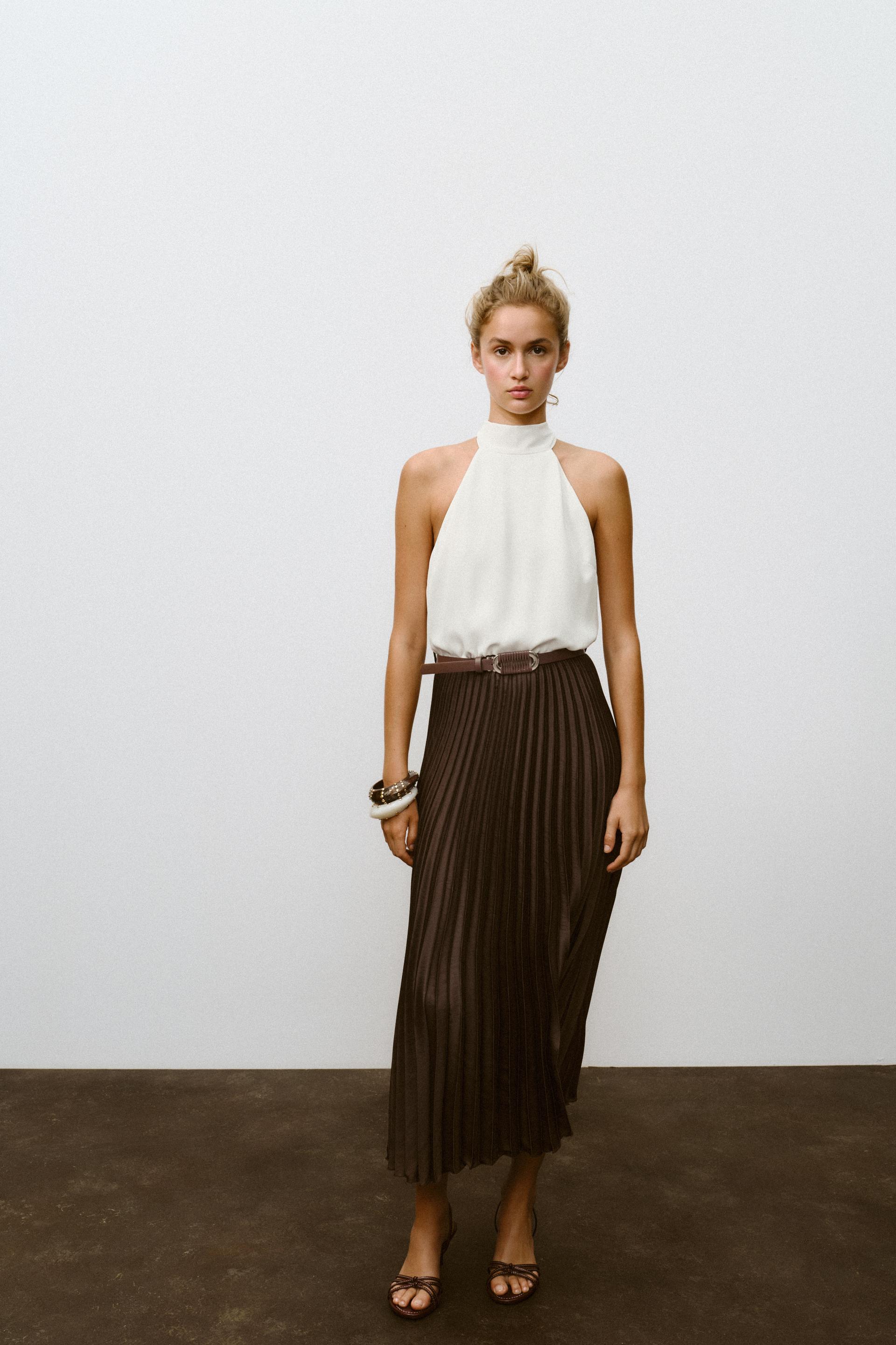 PLEATED COMBINATION MIDI DRESS