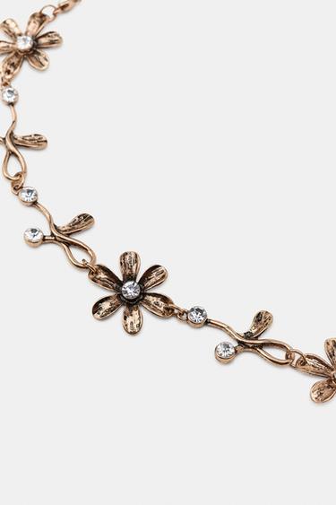 METAL BELT WITH JEWELLED FLOWERS - Aged gold by Zara - Image 3