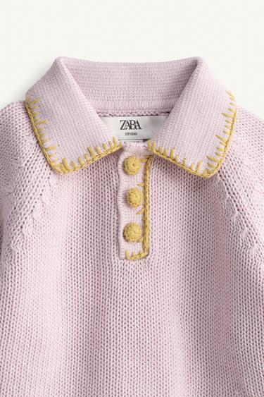 PULL POLO EN MAILLE BRODERIES ÉDITION LIMITÉE - Mauve poudré de Zara - Image 8
