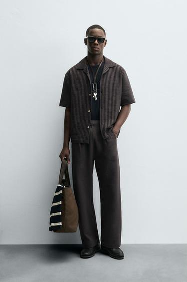 COMFORT STRIPED SEERSUCKER TROUSERS - Brown-Blue by Zara