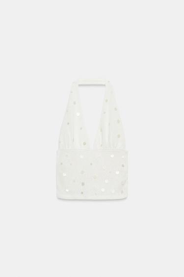 RUSTIC BEADED HALTER TOP - Ecru by Zara