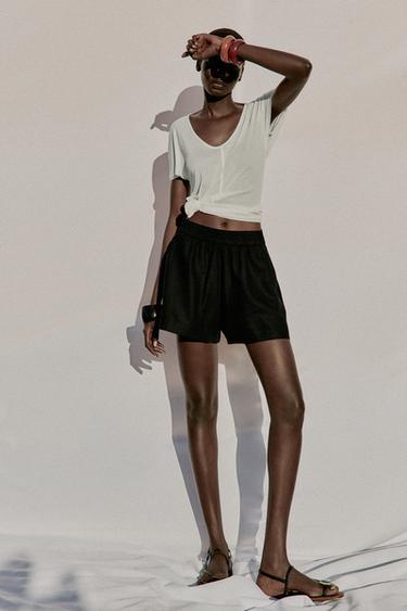 LINEN BLEND BERMUDA SHORTS WITH ELASTIC WAIST - Black by Zara