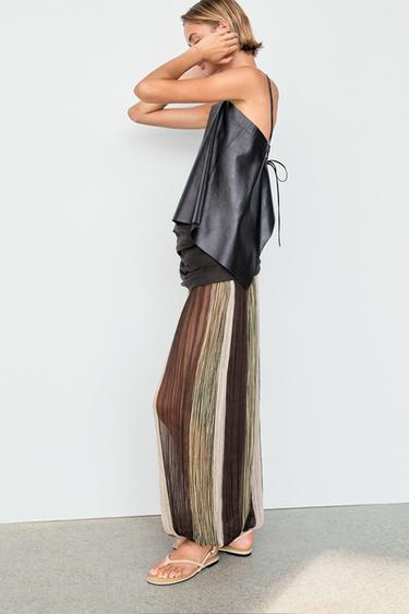 Striped flowing pants with sash detail — Khaki 1