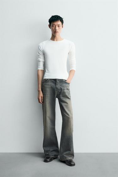 JEANS WIDE FLARE FIT - Màu xám dịu từ Zara