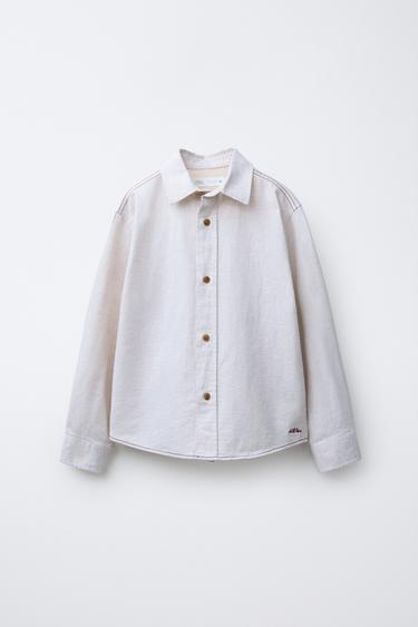 Zara EMBROIDERED TEXT SHIRT WITH COTTON AND LINEN - Ecru - Image 0