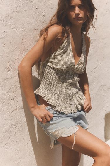 Zara GINGHAM HALTER TOP - Ecru / Khaki