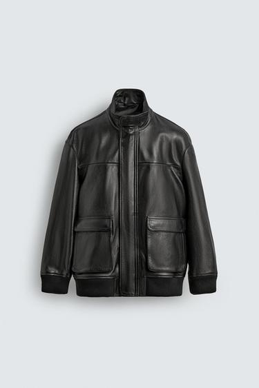Zara RELAXED FIT LEATHER JACKET - Black