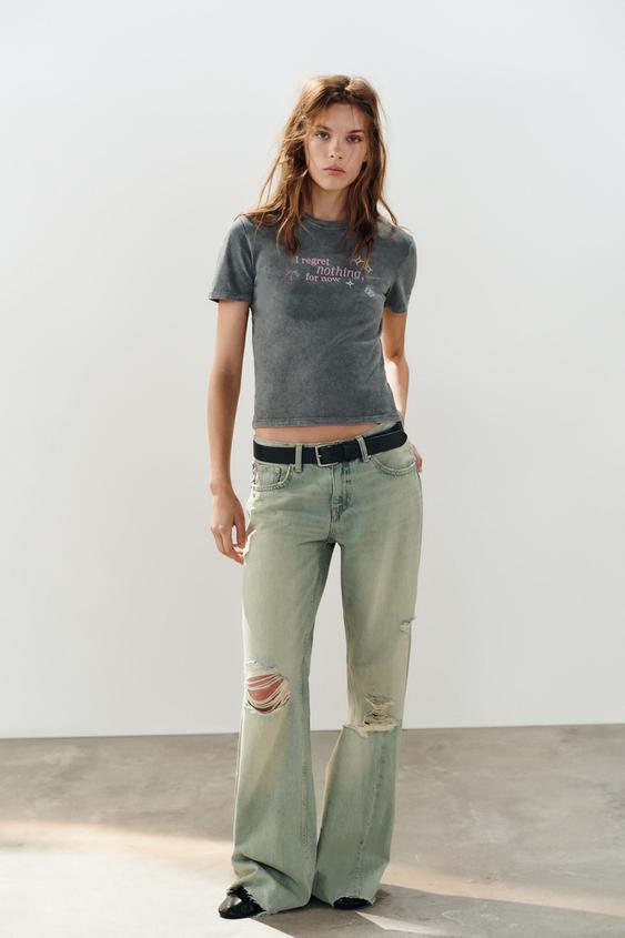 CAMISETA EFECTO LAVADO TEXTO BRILLOS - Carbón de Zara - Imagen 0