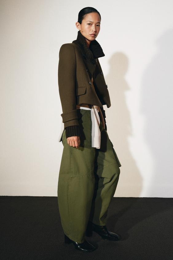 Zara ZW COLLECTION SHORT COMBINED WOOL-BLEND COAT - Dark olive - Image 0