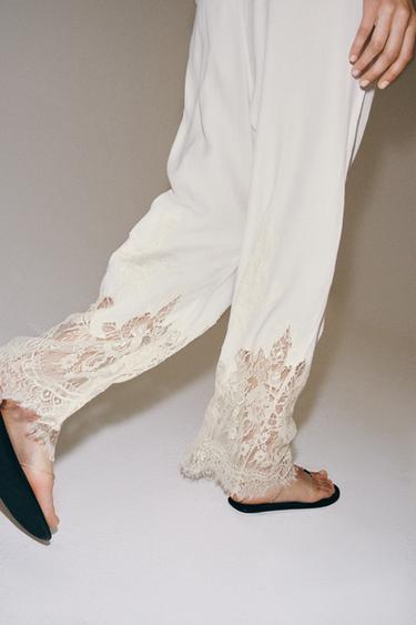 ZW COLLECTION LACE PYJAMA-STYLE TROUSERS - Oyster-white by Zara