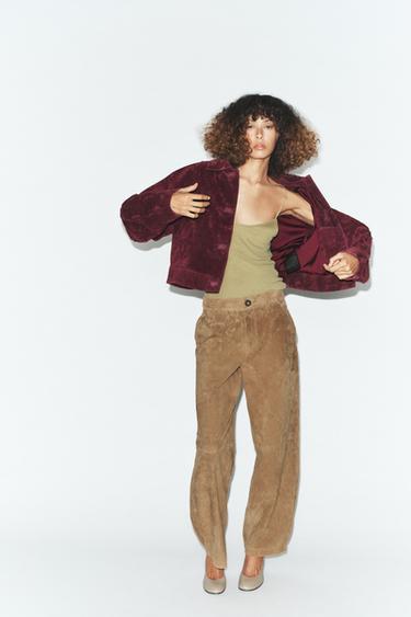 100% LEATHER SUEDE JACKET - Burgundy by Zara