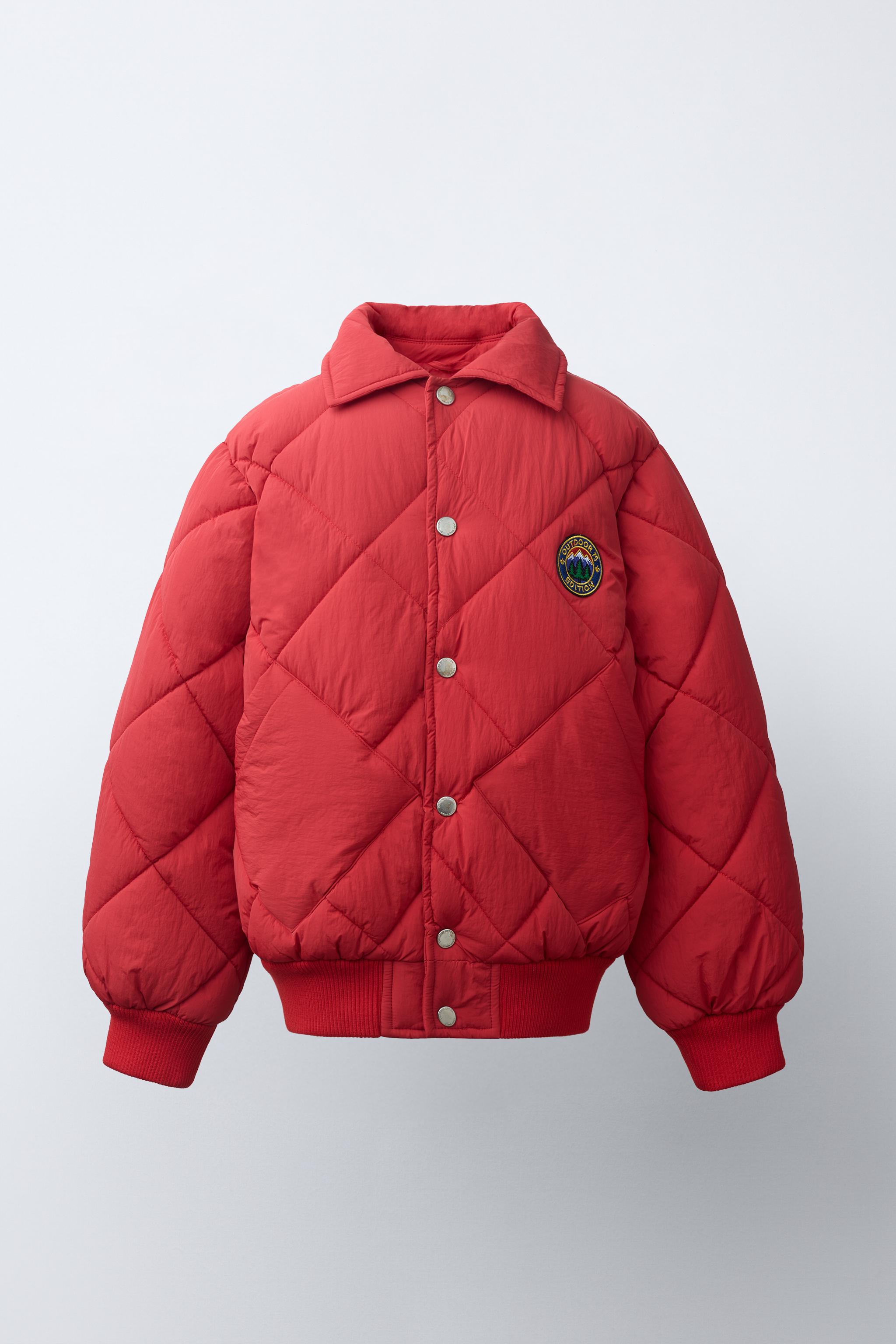 QUILTED PATCH BOMBER JACKET — Red