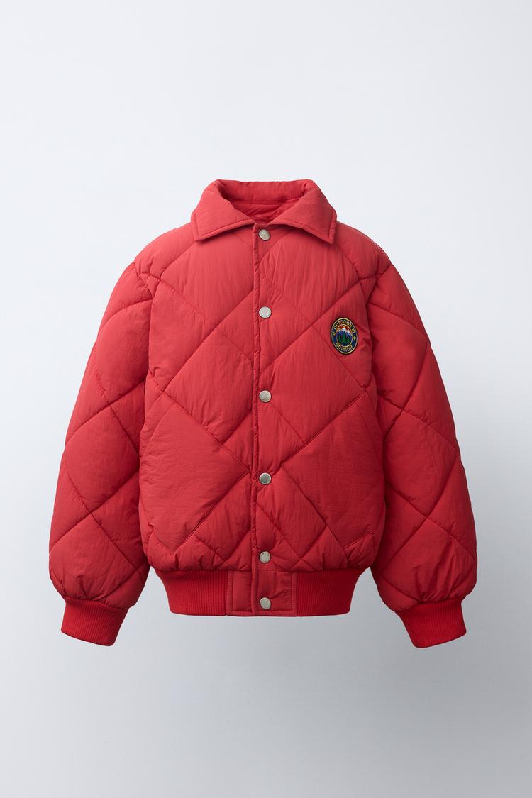 QUILTED PATCH BOMBER JACKET — Red