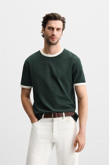 Zara BASIC RIBBED CONTRAST T-SHIRT - Dark green