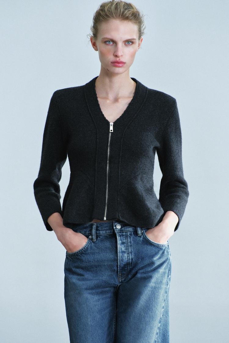 WOOL-BLEND PEPLUM JACKET — Dark gray
