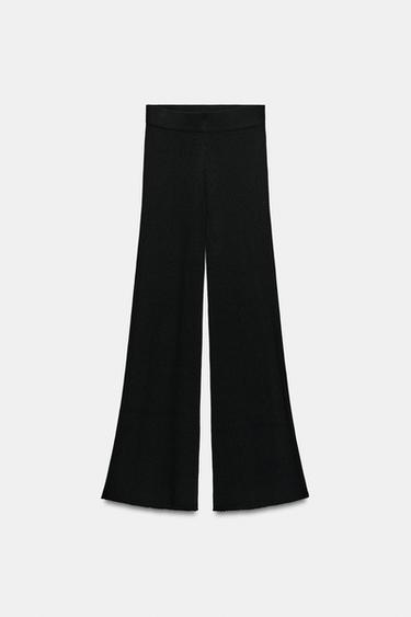 Zara RIBBED WIDE LEG PANTS - Black
