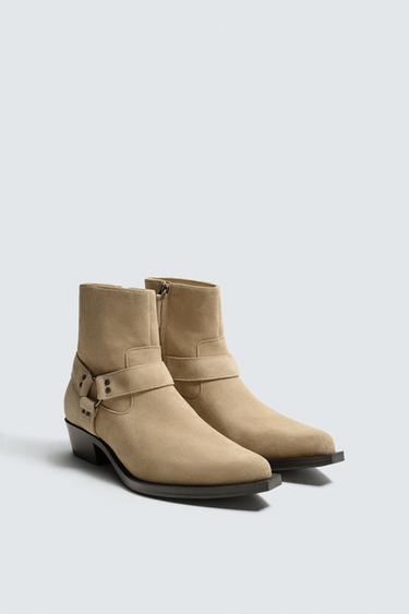 Zara LEATHER BOOTS WITH HARNESS DETAIL - Beige