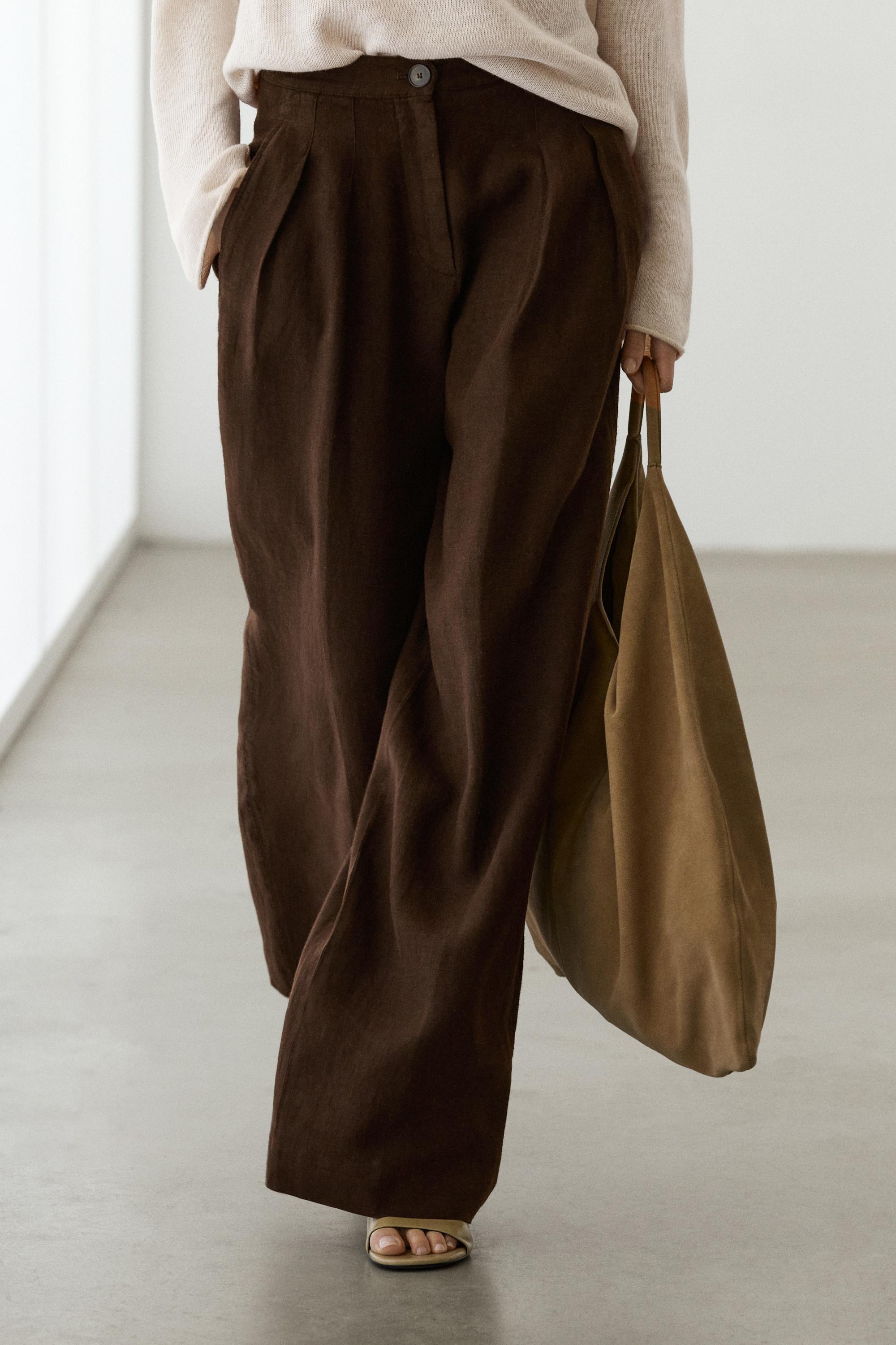 100% linen wide-leg pleated trousers — Mink marl