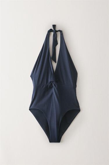 HALTER BEACH SWIMSUIT WITH KNOT - Mid-blue by Zara - Image 4