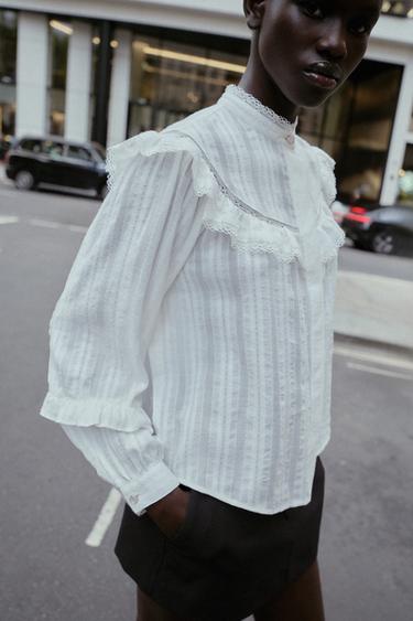 Zara LACE TRIM RUFFLE BLOUSE - White - Image 0