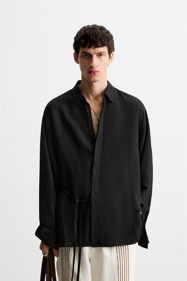VISCOSE-LINEN SHIRT WITH TIE - Black by Zara