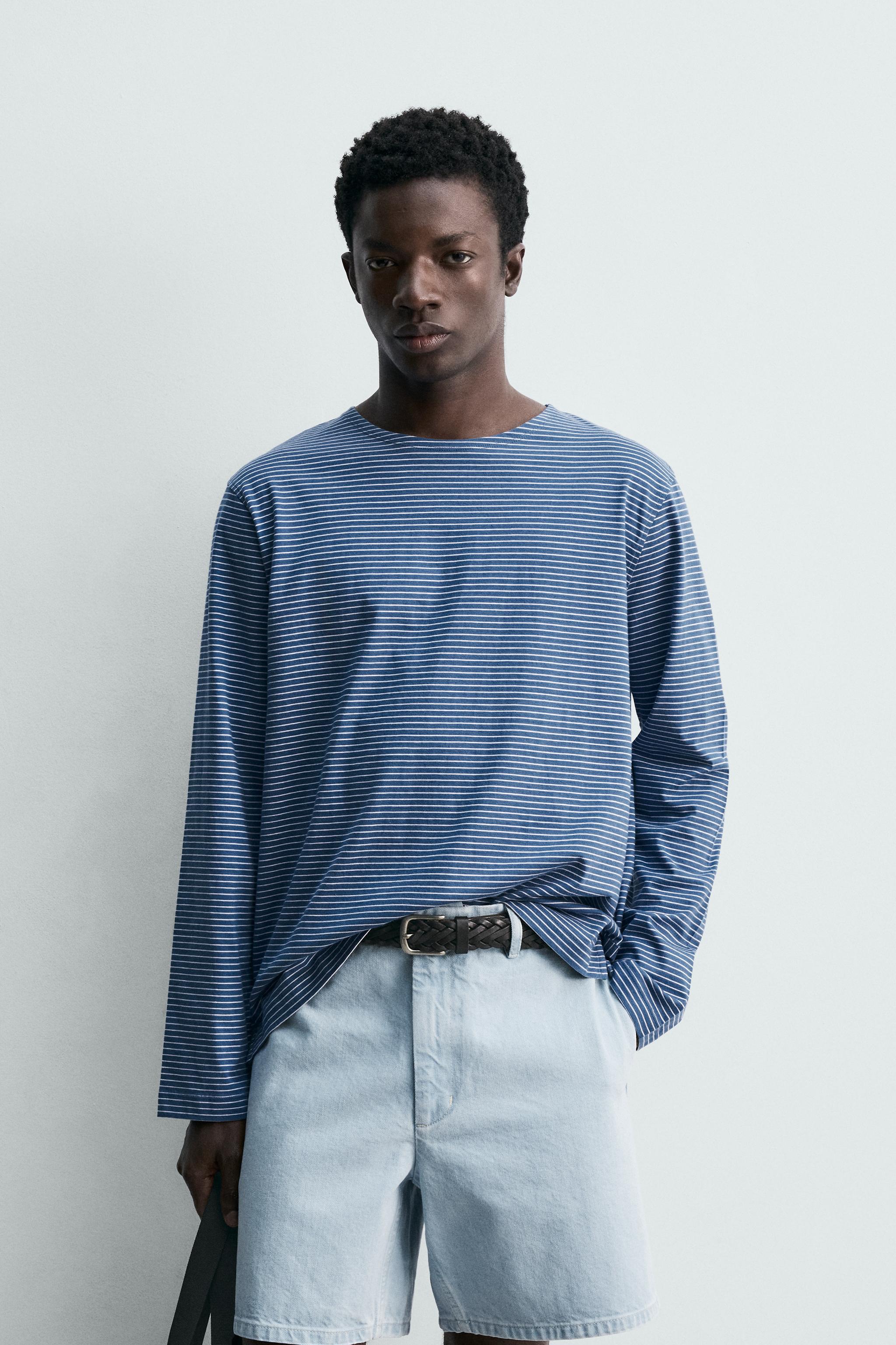 ストライプ柄ジャカードTシャツ - ブルー | ZARA Japan / 日本