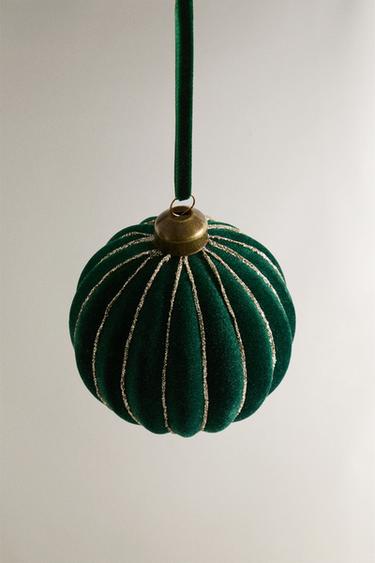 SPARKLY STRIPED BAUBLE CHRISTMAS TREE DECORATION - Green by Zara - Image 1