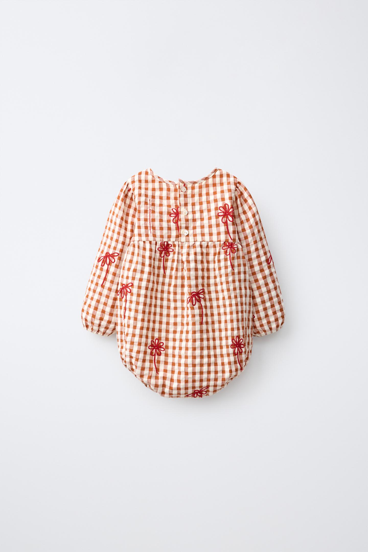 Детский комбинезон Zara Embroidered Floral Gingham Romper, цвет: Кирпичный — фото 3