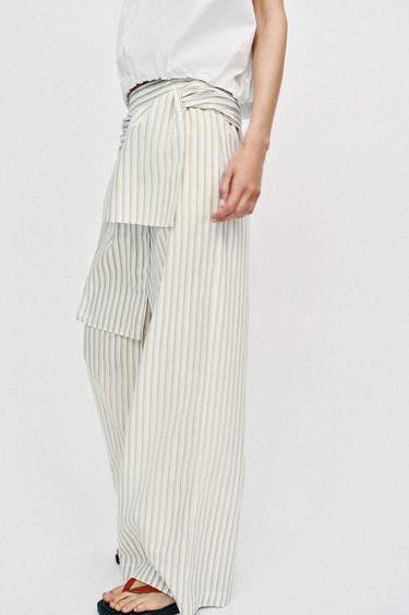 WIDE-LEG TROUSERS WITH SCARF DETAIL - Ecru / Brown by Zara - Image 3