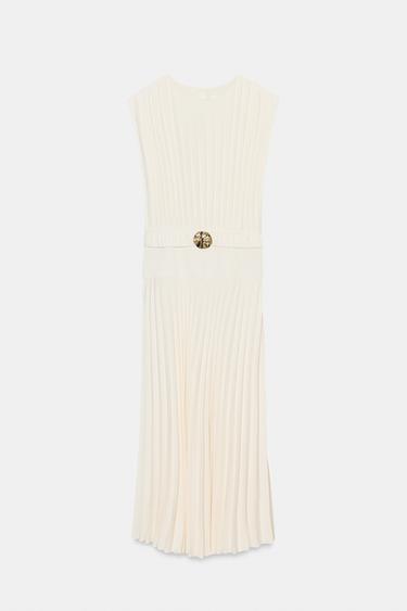 VESTIDO MIDI PLISADO CINTURÓN - Blanco de Zara