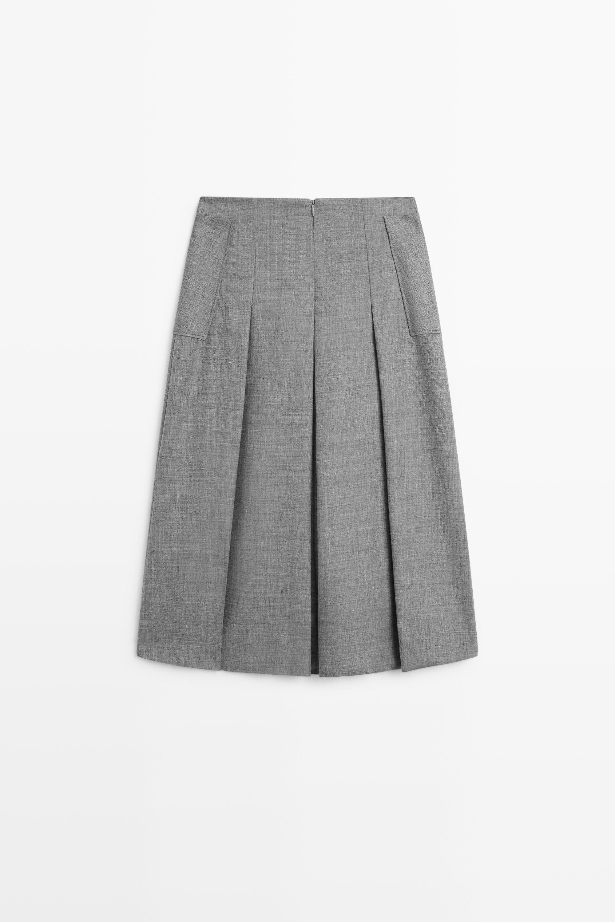 100% Wool Pleated Midi Skirt with Pocket Detail