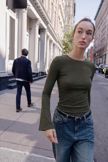 Zara EVASÉ LONG SLEEVE T-SHIRT - Dark khaki