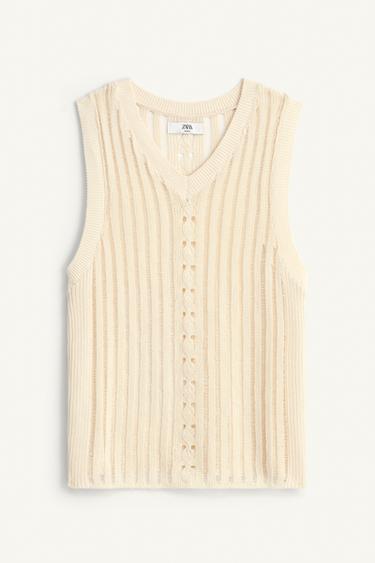 CAMISETA TANK PUNTO ESTRUCTURA CALADOS - Beige claro de Zara