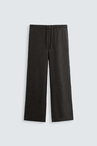 Zara STRIPED TEXTURED PANTS - Brown