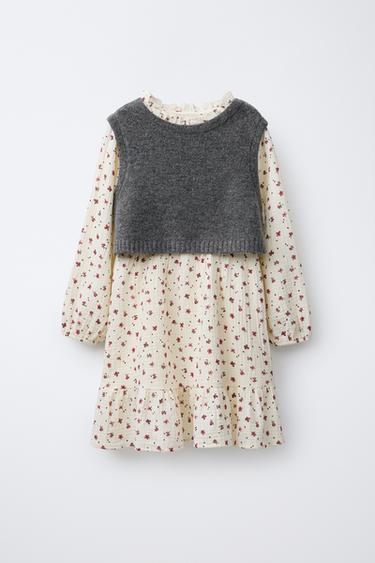 FLORAL DRESS WITH KNITTED WAISTCOAT - Ecru by Zara
