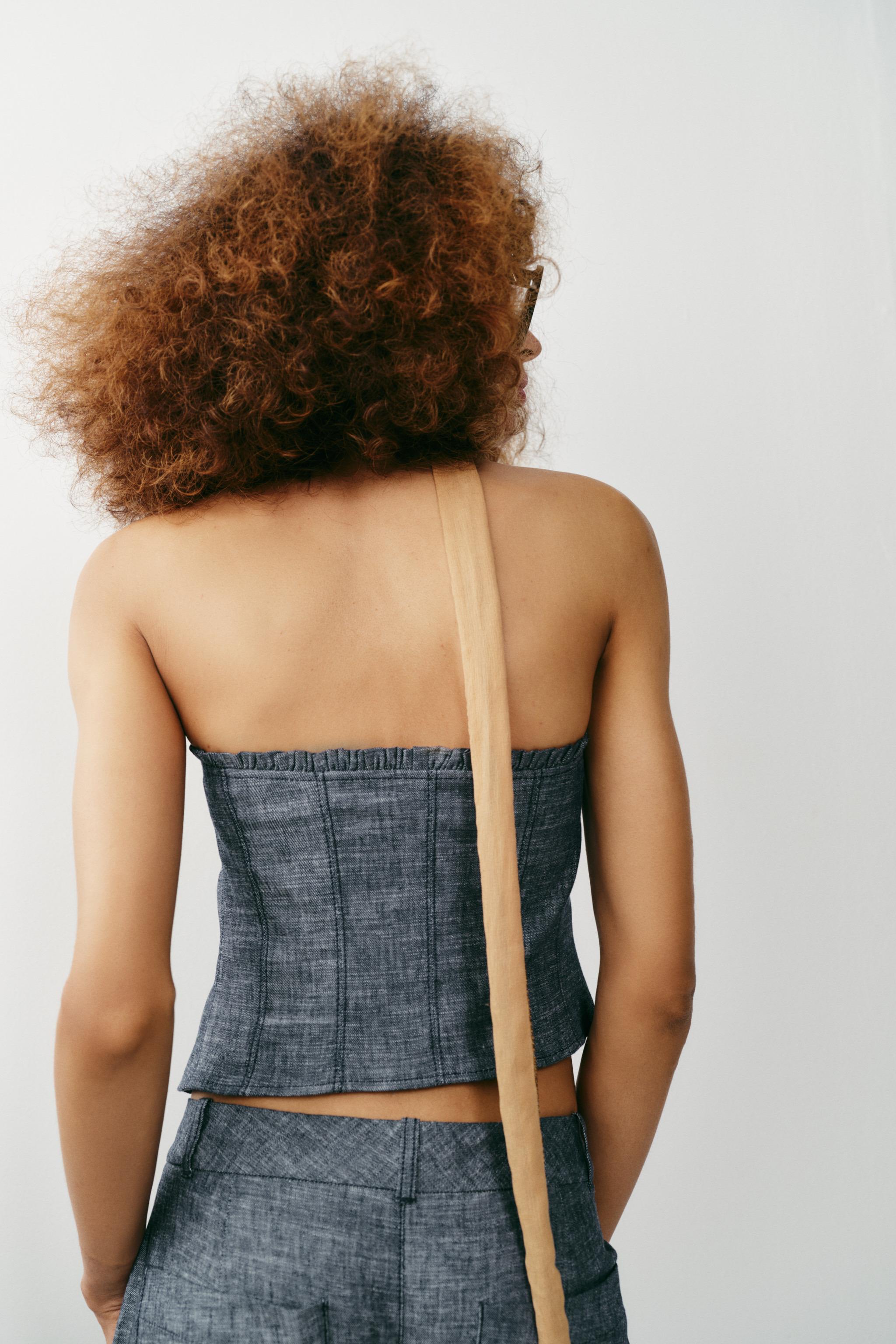 Zara Süslü Düğmeli Keten Crop Top görsel 6