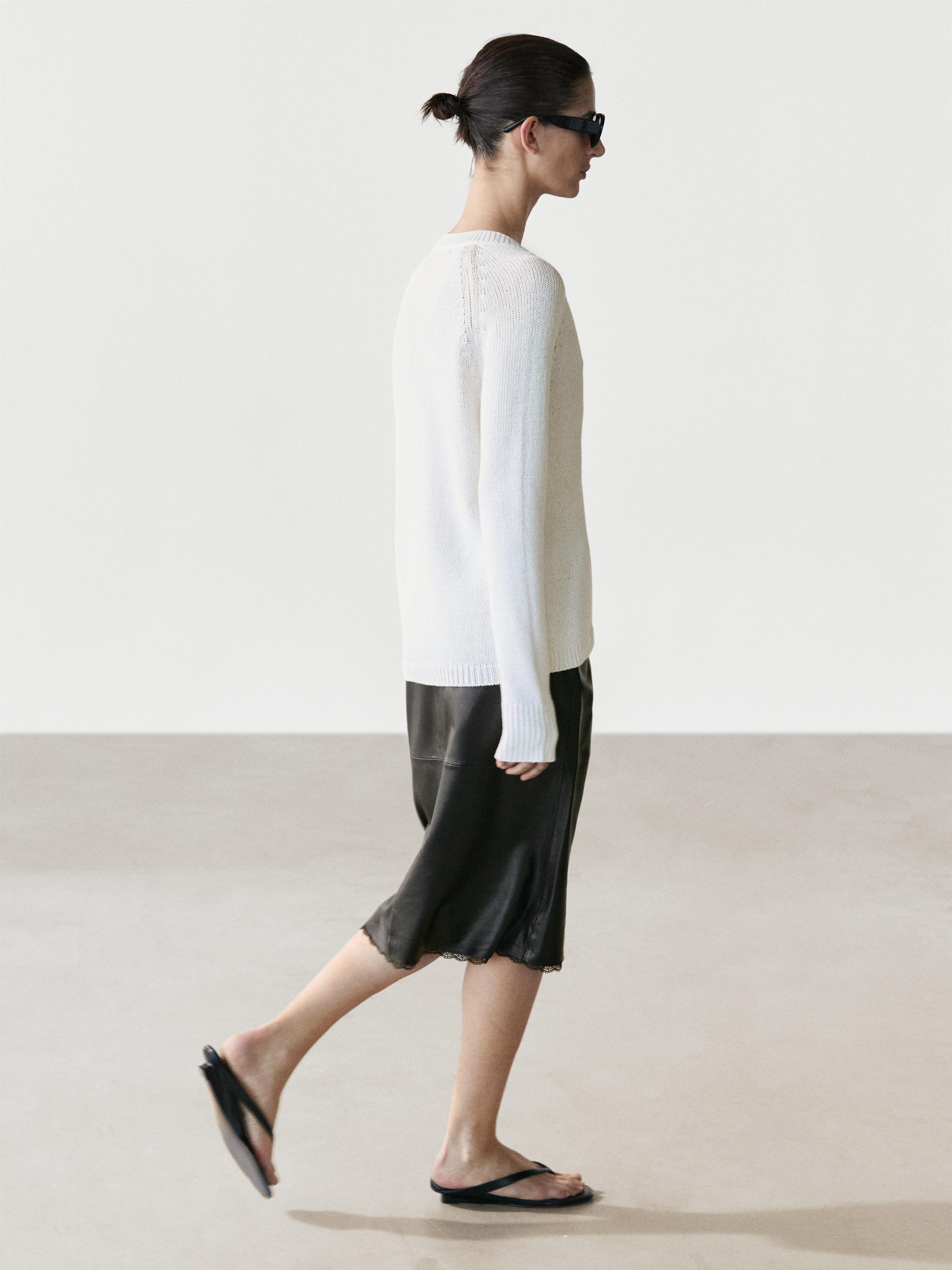 Nappa leather midi skirt with lace detail