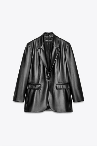 Zara STRAIGHT FIT FAUX LEATHER BLAZER - Black - Image 0
