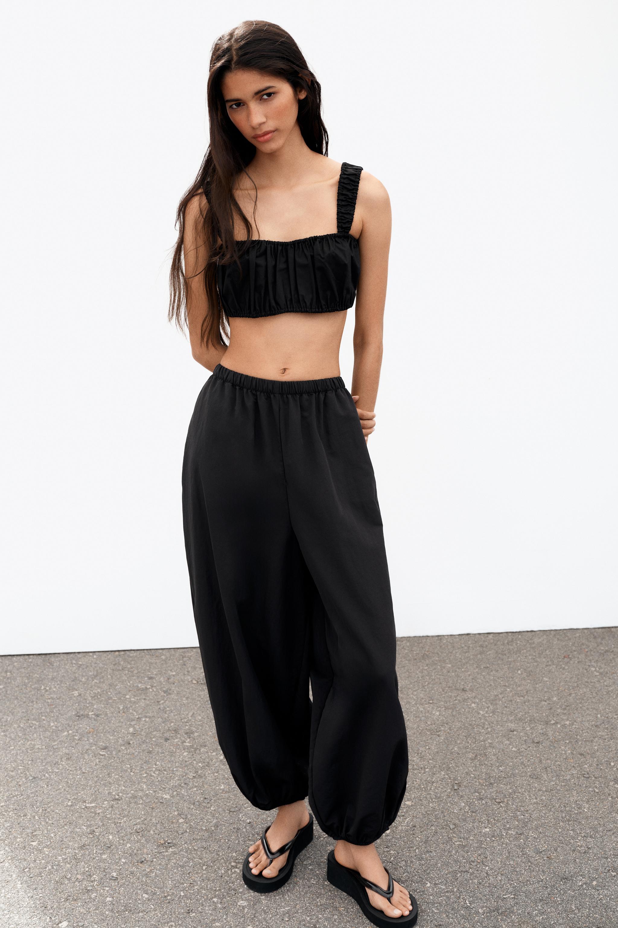 ポプリンギャザー入りクロップドトップス - ブラック | ZARA Japan / 日本
