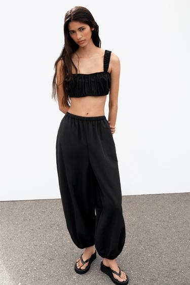 POPLIN GATHERED CROP TOP - Black by Zara