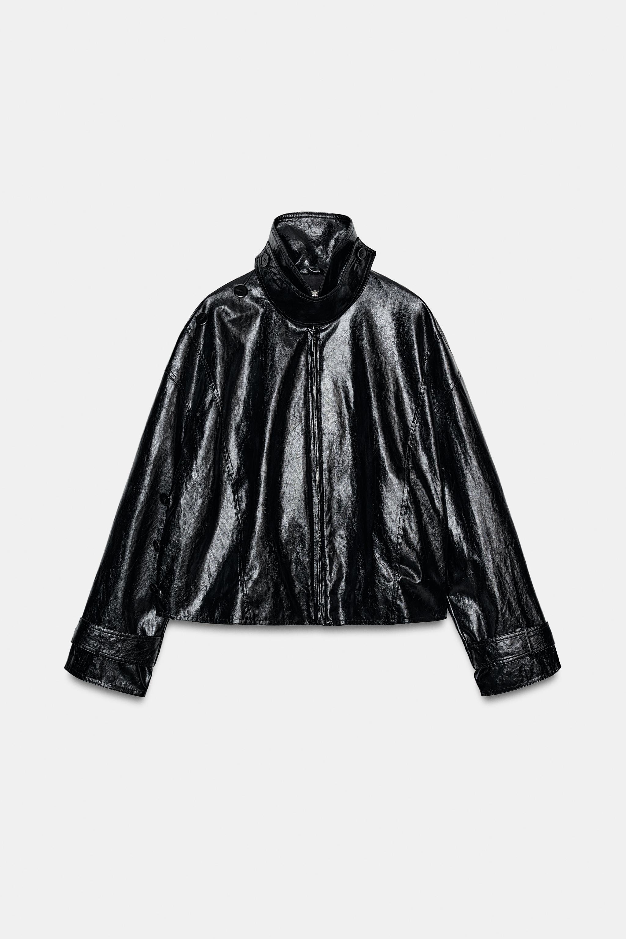 vejas レザー　スカーフ付き　ジャケット フェイクレザー スカーフジャケット ZW COLLECTION - ブラック | ZARA