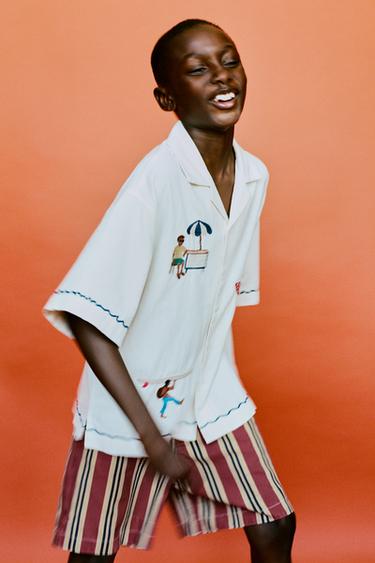 РУБАШКА БОУЛИНГ С ВЫШИВКОЙ ИЗ СМЕСОВОГО ЛЬНА — ЭКРЮ от Zara