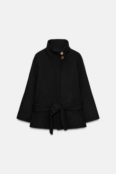 CROPPED WOOL BLEND CAPE COAT WITH BELT - Black by Zara - Image 0