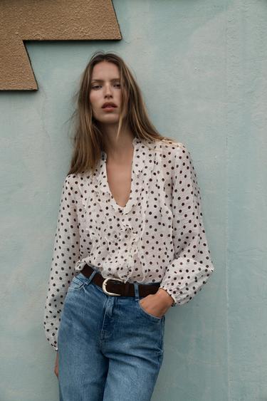 Zara 波點荷葉邊罩衫 - 裸色 / 棕色