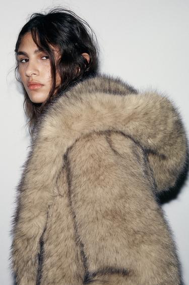 FAUX FUR COAT WITH HOODIE - Light beige by Zara
