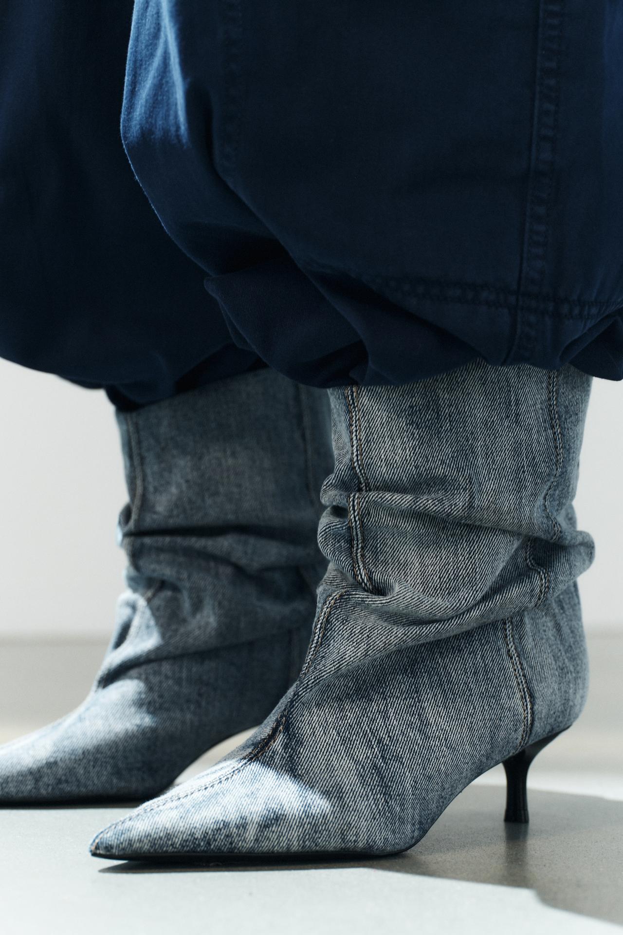 RUCHED KITTEN HEEL BOOTIES — Blue