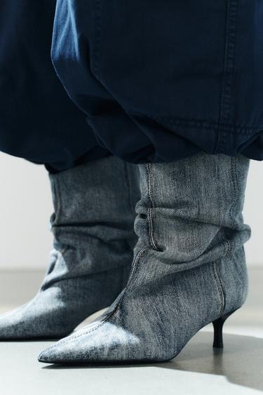 RUCHED KITTEN HEEL BOOTIES — Blue 2