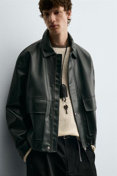 RELAXED FIT FAUX LEATHER JACKET - Dark green by Zara - Image 4