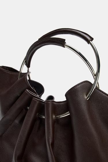 Zara LEATHER BUCKET BAG WITH RIGID HANDLE - Brown